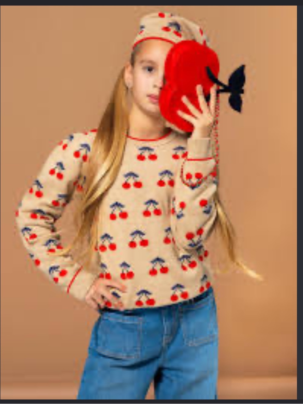 Girl’s Janie and Jack Cream Sweater with Red Cherry Motif, Sz 14